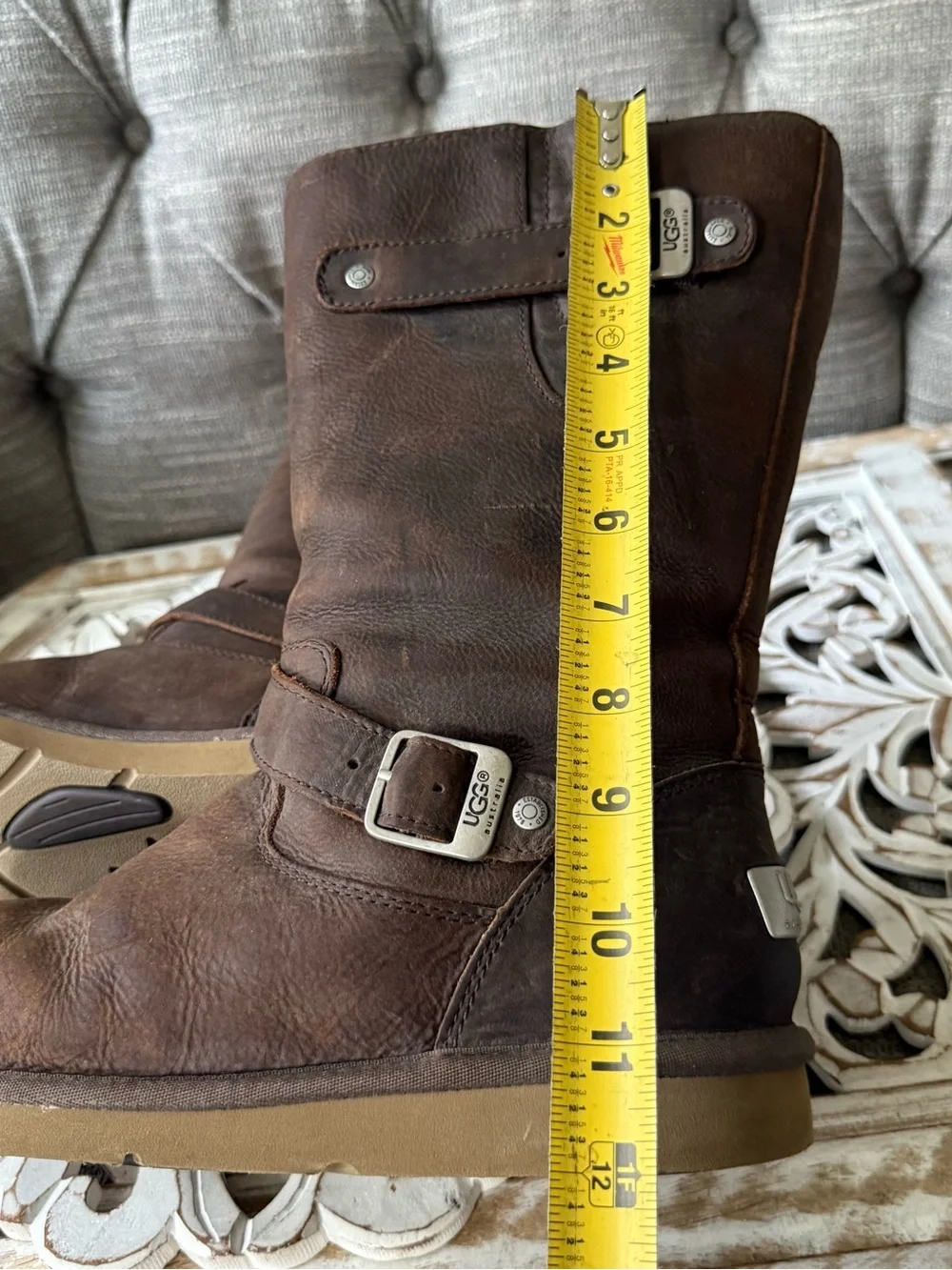 UGG Kids Chestnut Brown Leather Shearling-Trim Buckle Boots women’s 9
